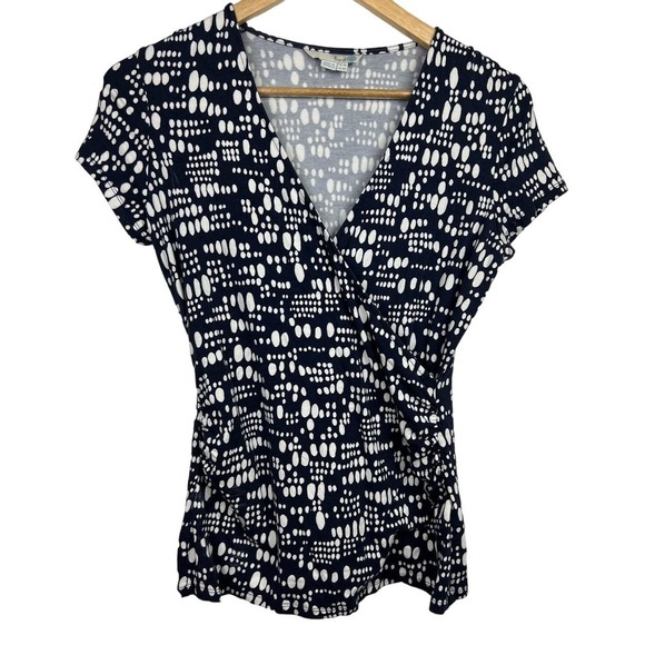 Boden US 4R Women's Faux Wrap V Neck Navy Blue Polka Dot Stretch Jersey Top - Picture 1 of 7
